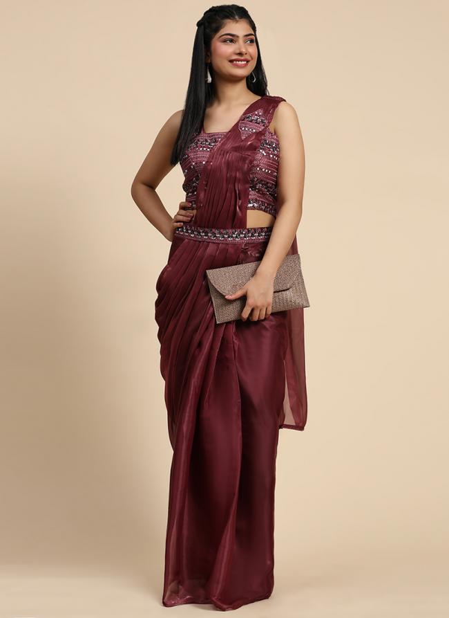 Fancy Organza Maroon Party Wear Sequins Work Ready To Wear Saree